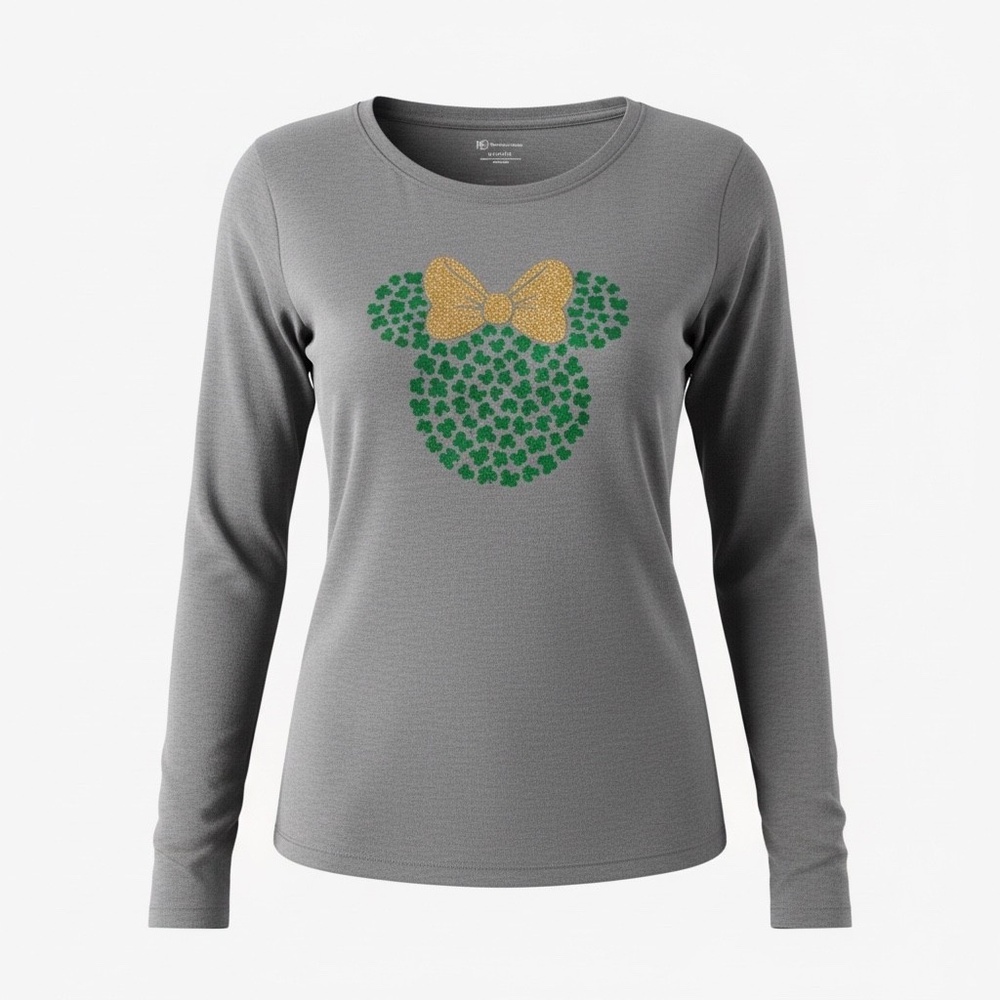 No Boundaries Minnie Mouse Shamrock Long Sleeve Gray T-Shirt LG 11/13